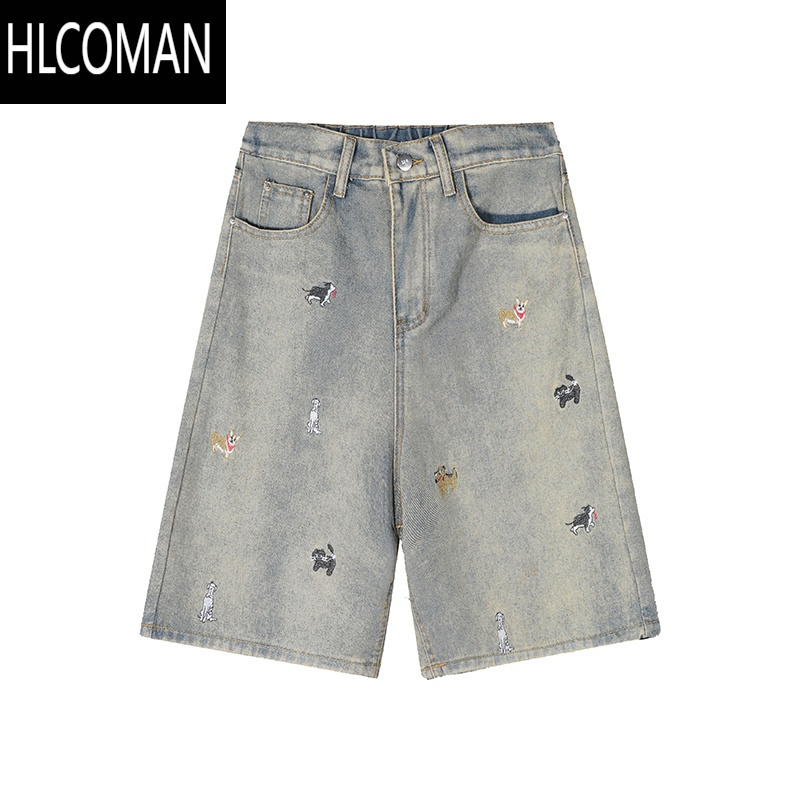 HLCOMANBMOB美式复古趣味小狗刺绣牛仔短裤男女夏季宽松阔腿设计感五分裤