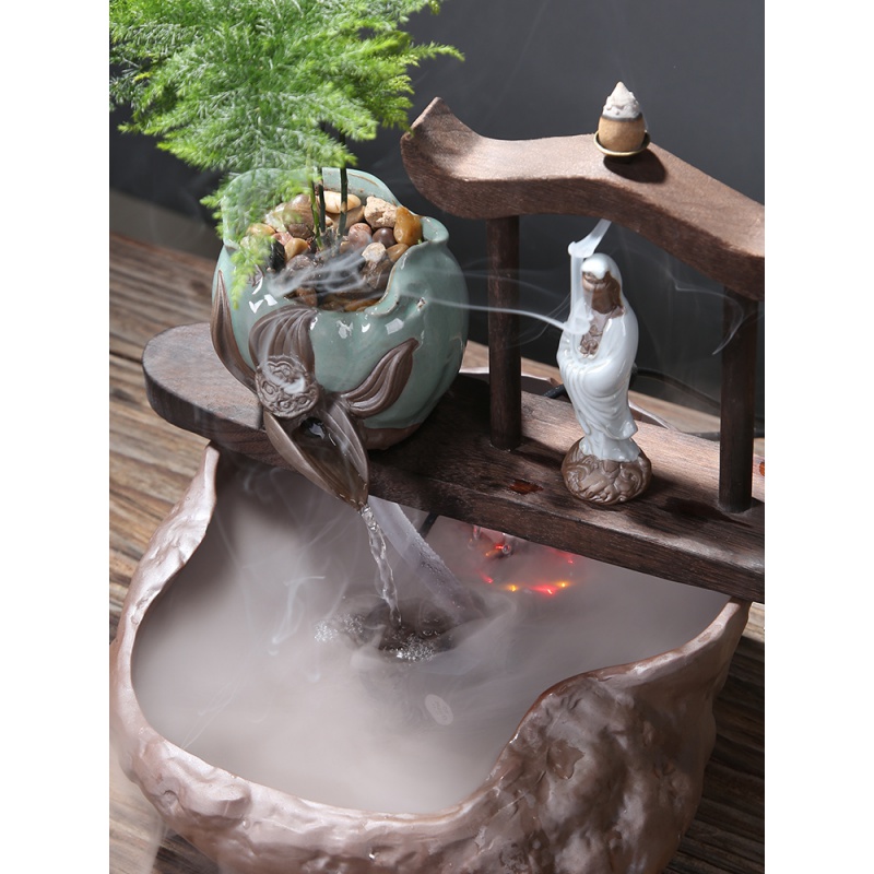 创意陶瓷流水摆件中式客厅禅意桌面鱼缸加湿装饰生日软装 三维工匠 抚琴小僧·(不带)高清大图