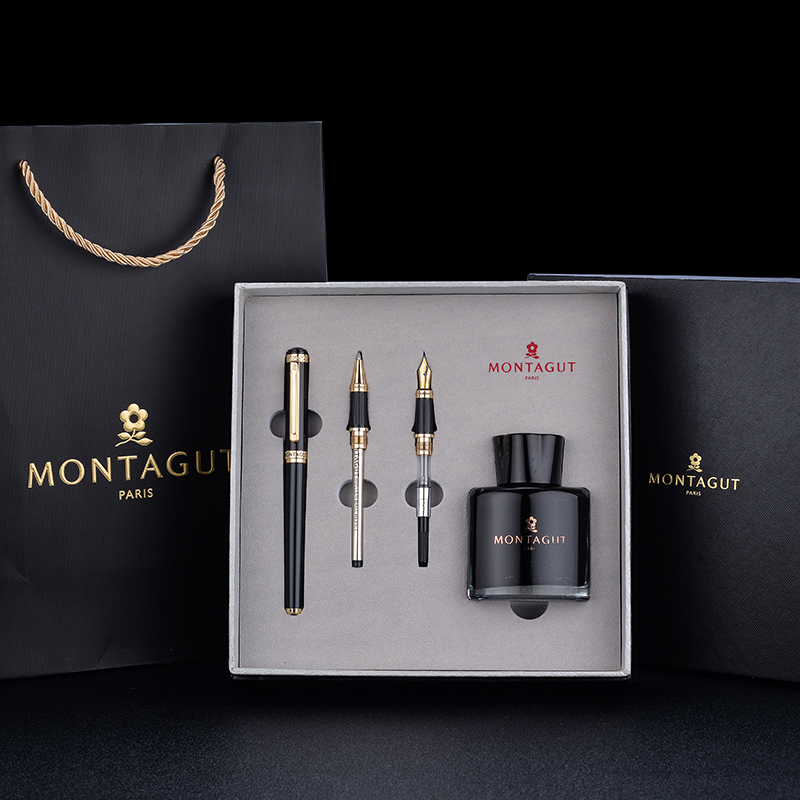 梦特娇(Montagut)黑丽雅金夹钢笔+双笔尖+墨水套装1 0.5mm钢笔 签字笔 签名笔 墨水笔 白领钢笔礼盒装