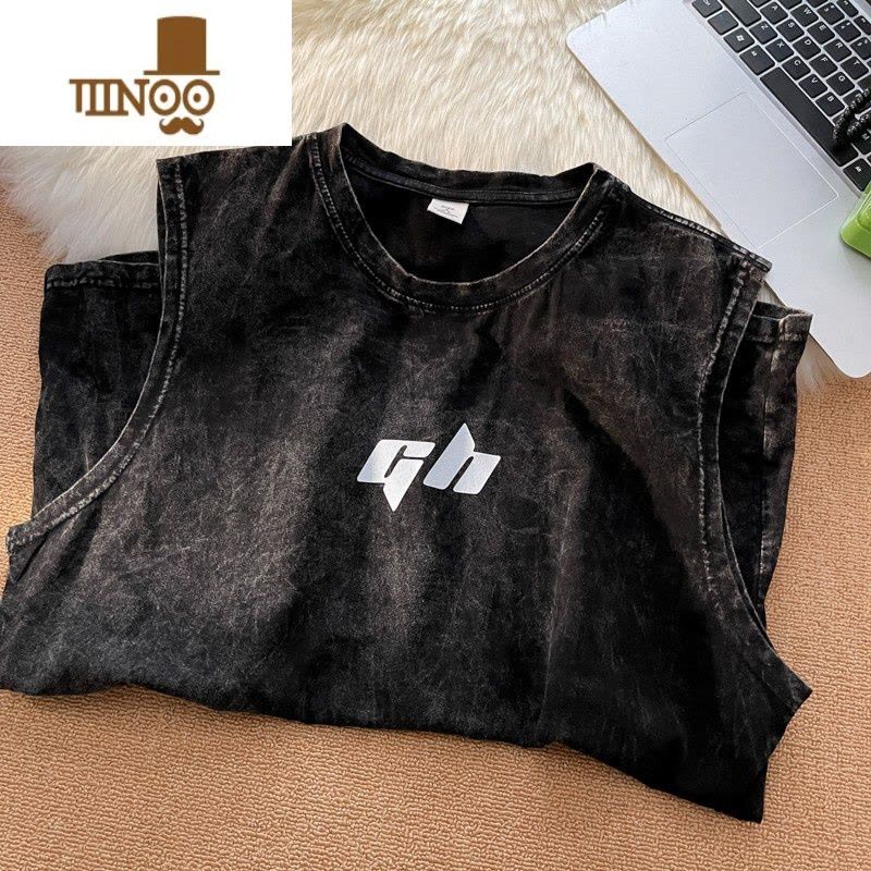 YANXUins高街复古水洗坎肩运动背心男潮牌街头嘻哈宽松hiphop无袖T恤衫图片