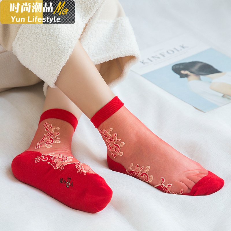 YUNWUXIN红袜子本命年棉属牛女棉底丝袜玻璃丝大红色福字新年牛年袜子