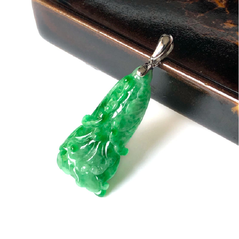 缘源珠宝天然a货翡翠吊坠满绿18k白金镶白菜百财精品挂坠自戴送老婆送