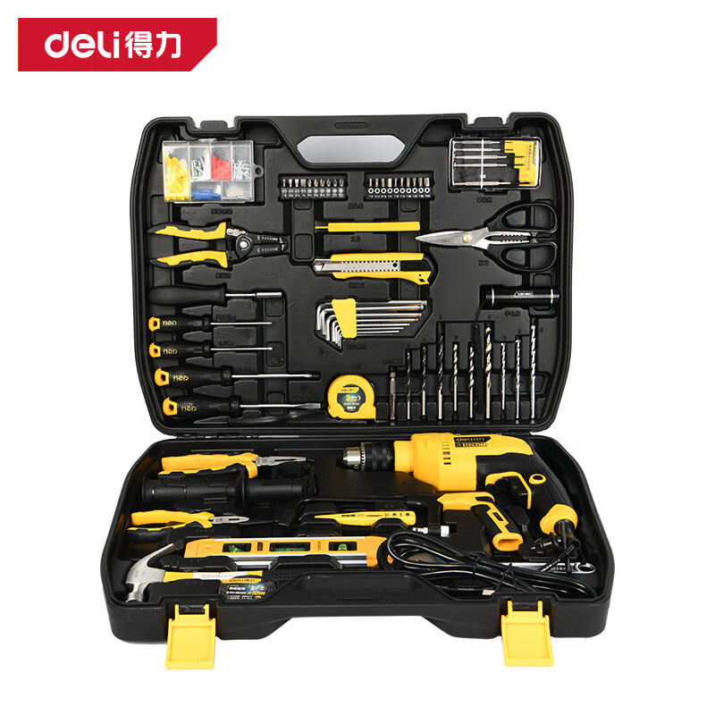 得力(deli)家用多功能五金工具箱冲击电钻套装电工木工综合维修组套DL5966