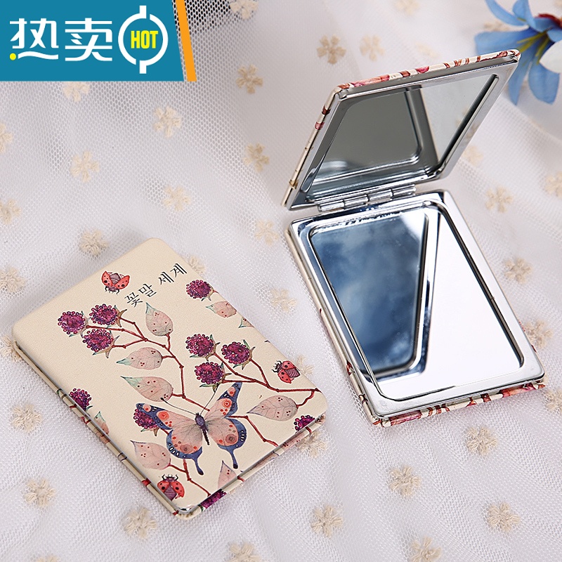 敬平时尚pu面镜韩式创意女士随身化妆梳妆镜迷你便携折叠小镜子双面镜便携式用镜 白底笑脸高清大图