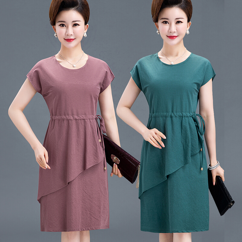 中老年棉麻连衣裙夏天大码宽松裙子40-50岁中年妇女妈妈夏装长裙