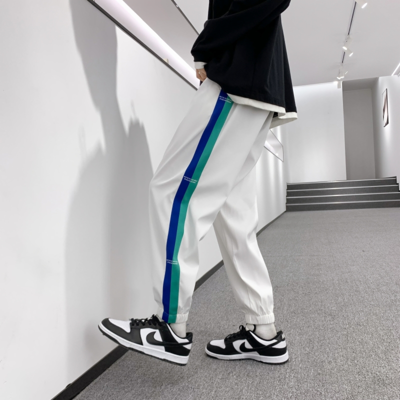 蓝缕金(LANLVJIN)男士休闲裤春秋季2021新品松紧系带束脚裤青少年拼色印花宽松运动裤韩版休闲学生男裤子