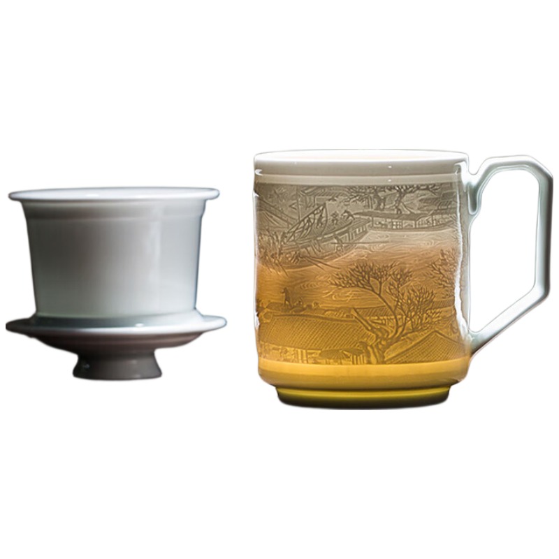 金镶玉黄守良手作 景德镇影青瓷茶水分离茶杯陶瓷茶具礼盒装 清明上河图