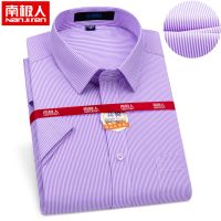 南极人夏季短袖衬衫男中青年职业商务寸衫条纹宽松大码白衬衣薄款_219 44码【185-205斤】薄款 紫白条纹短袖【有口袋】