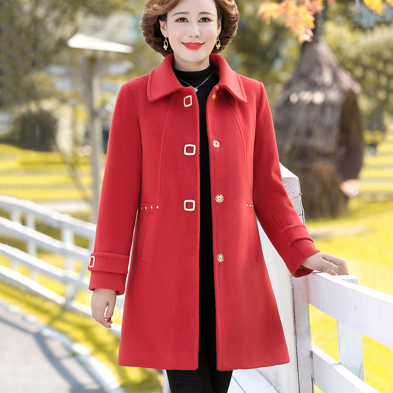 恒源祥中年妈妈冬装外套中长款中老年妇女上衣秋冬加绒羊毛呢大衣 5XL建议150-165斤 红色