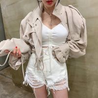 艳如飞韩国工装外套女春秋新款慵懒抽绳收腰显瘦宽松bf短款风衣夹克上衣风衣