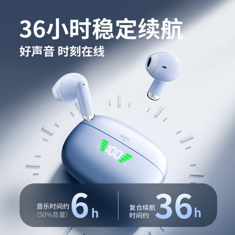 爱国者 半入耳式运动游戏长续航电量数显蓝牙耳机 蓝色 TQ15TWS