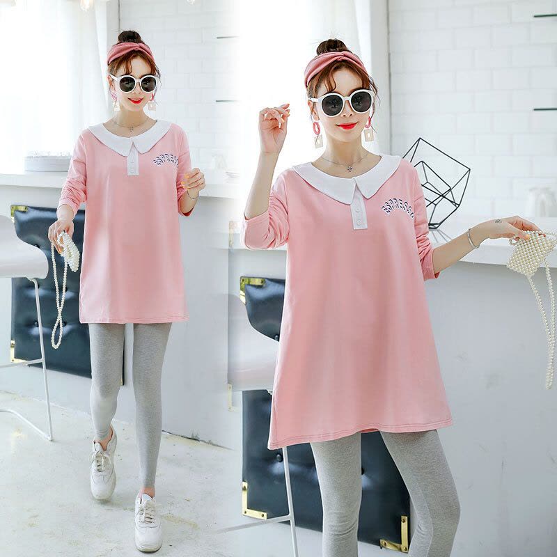 迪鲁奥(DILUAO)孕妇装秋装纯棉长袖T恤新款秋装时尚款怀孕妈妈穿的衣服宽松中长款上衣图片