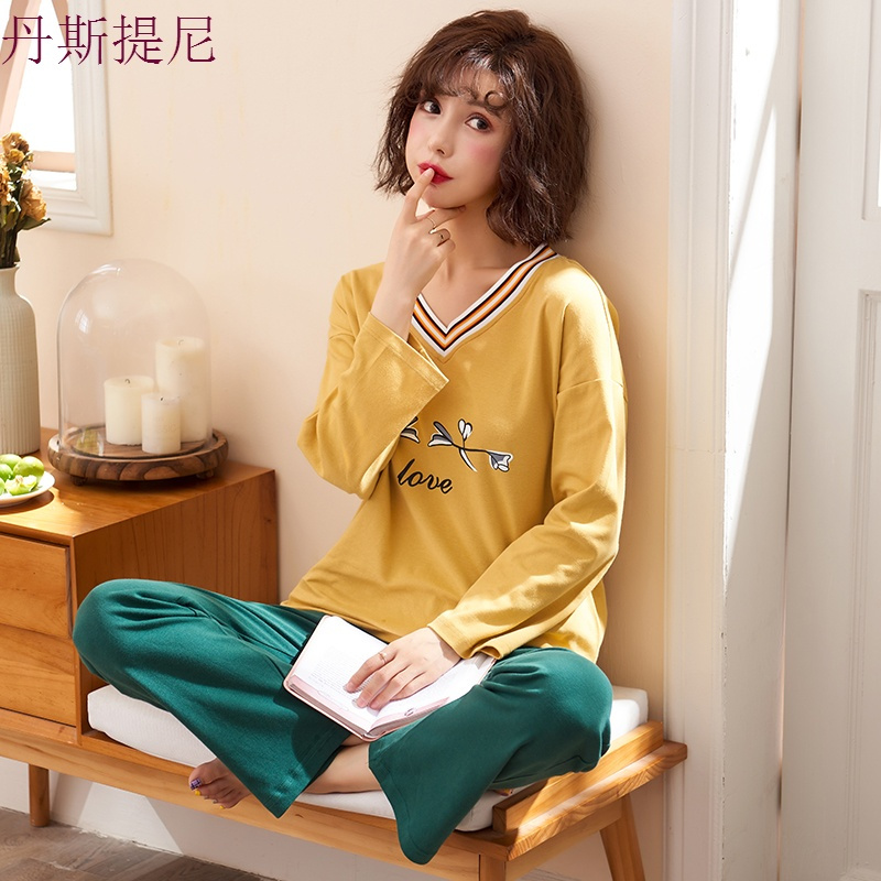 睡衣女秋纯棉长袖韩版清新学生薄款可外穿全棉春秋天夏家居服套装