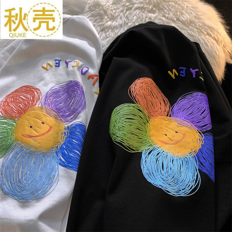 秋壳纯棉日系原宿ins风潮牌花朵印花短袖T恤女2022百搭圆领上衣潮