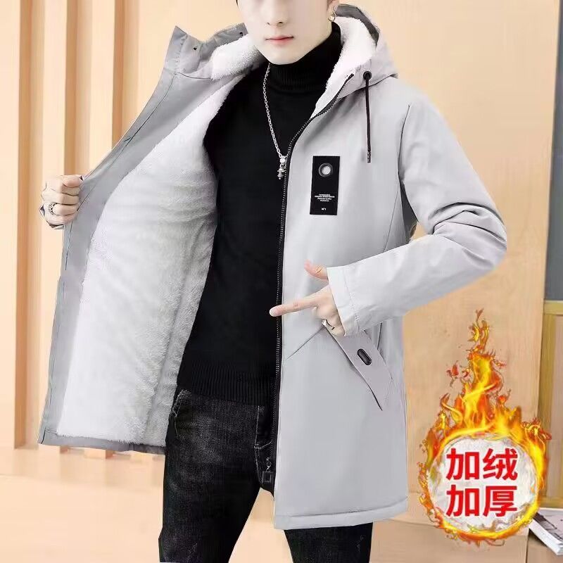 棉衣男加绒加厚中长款外套秋冬装防寒保暖棉袄男士休闲连帽棉衣服高清大图