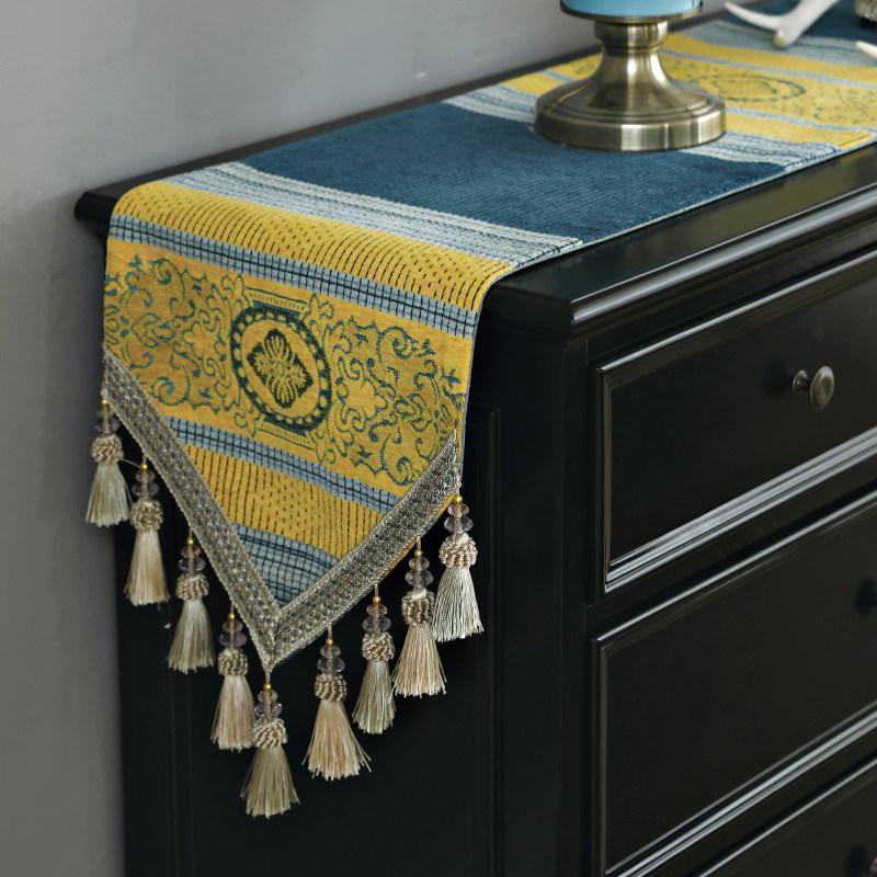 美帮汇欧式餐桌桌旗现代简约茶几桌布茶席电视柜餐边柜长条盖布布艺家用 时盎蓝色 32*240cm高清大图