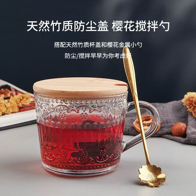 乐唯诗 早餐杯牛奶杯家用高颜值浮雕玻璃杯带盖+樱花勺—430ml高清大图