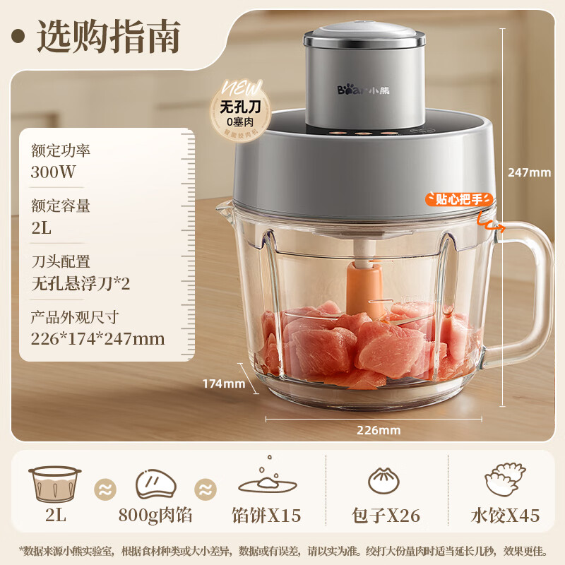 小熊(Bear)绞肉机家用 绞馅机碎肉机可调粗细搅肉机2L悬浮双刀QSJ-F03X2