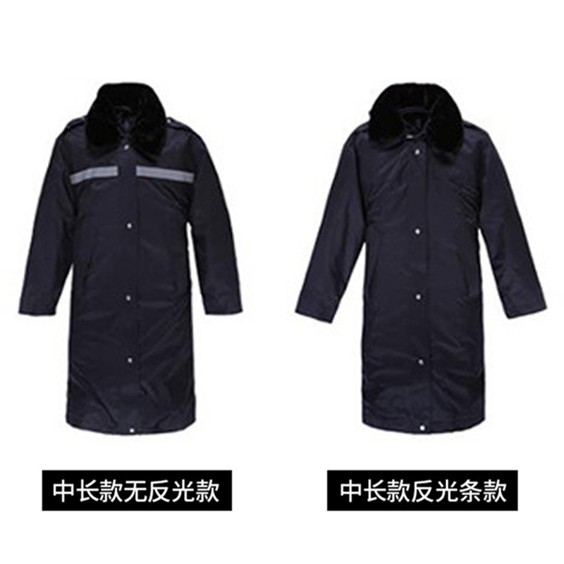 长款加厚带反光条 多功能防水防寒服保安大衣劳保制服黑色军大衣高清大图