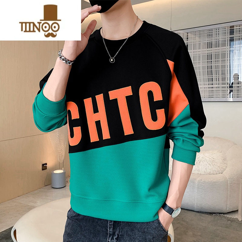 YANXU长袖T恤男美式高街字母印花拼接卫衣男装宽松圆领上衣服潮高清大图