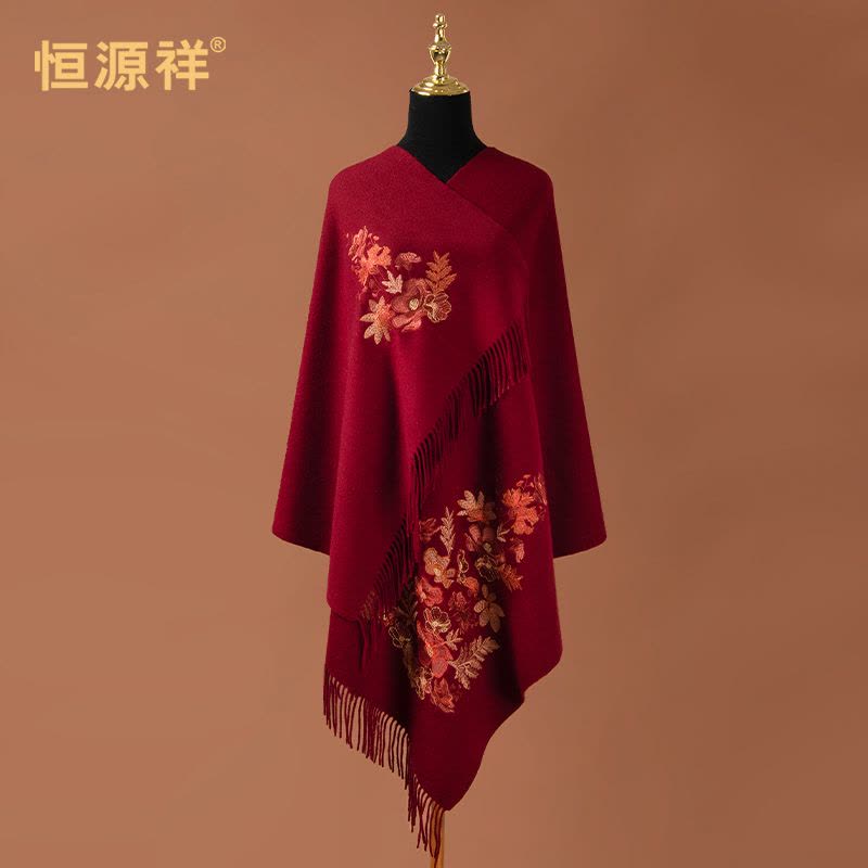 恒源祥秋冬红色羊毛披肩刺绣妈妈羊绒围巾礼服旗袍喜婆婆婚宴外搭图片