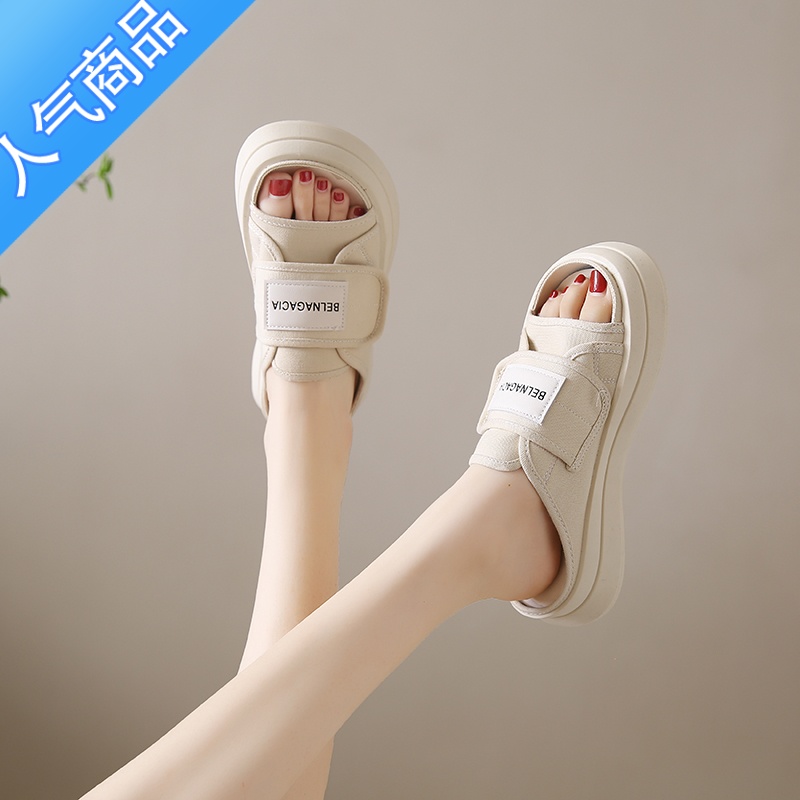 SUNTEK孕妇专用鱼嘴半拖鞋女夏季魔术贴软底帆布鞋一脚蹬半托运动鞋防滑高清大图