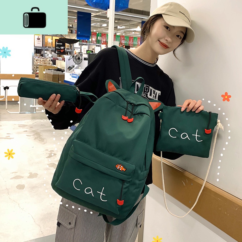 ins超火可爱猫耳朵书包女韩版高中学生双肩包2020新款背包三件套NEWLAKE 绿色