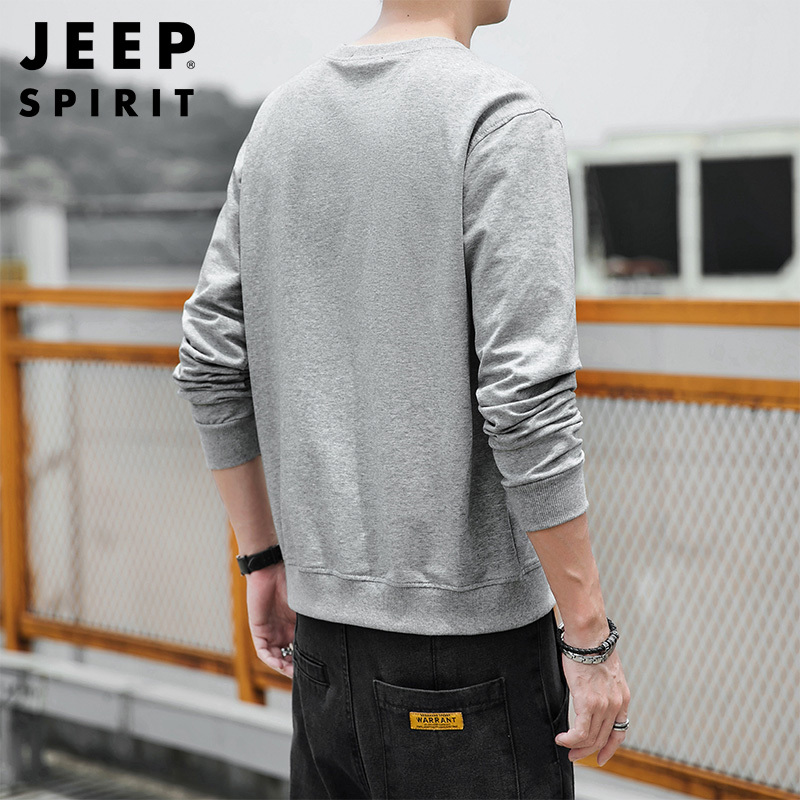 JEEP SPIRIT吉普新款秋冬男士卫衣时尚字母圆领套头衫纯棉微弹男士体恤衫灰色外套