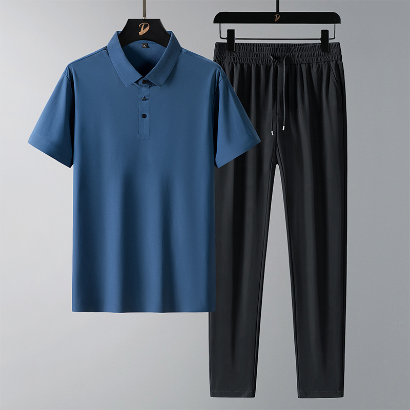啄木鸟夏季冰丝款套装男士无痕T恤短袖POLO+休闲裤子男两件装父亲 119906雾霾蓝 M