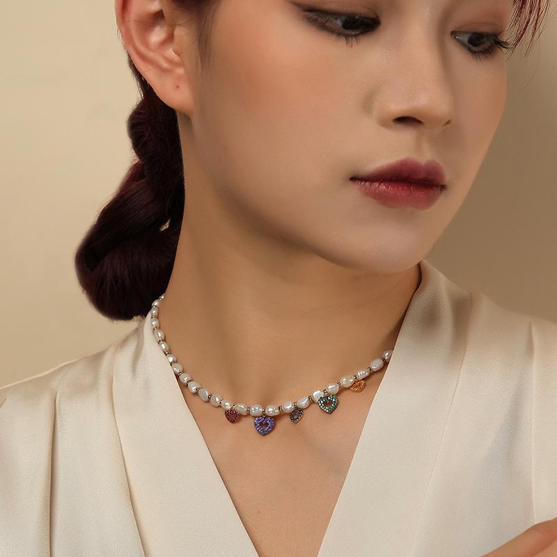 apmmonaco多心形珍珠项链女款可调节毛衣链925银锁骨链ac5485my