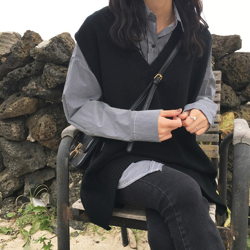 suntek针织马甲女背心初秋叠穿新款韩版中长款v领宽松黑色毛衣坎肩外