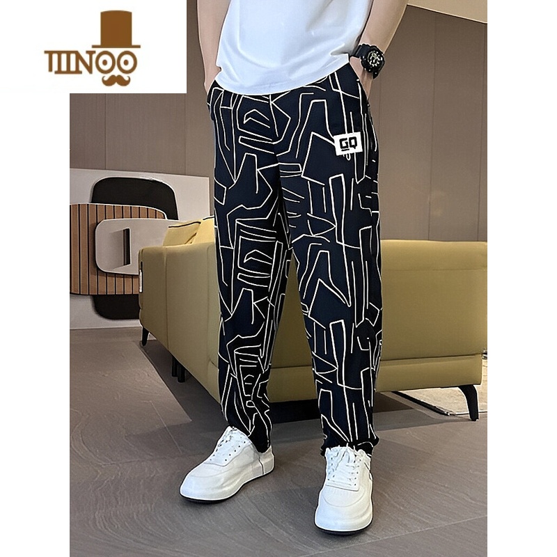 YANXU夏季薄款直筒裤男士时尚百搭透气冰丝休闲裤潮流民族风宽松运动裤高清大图