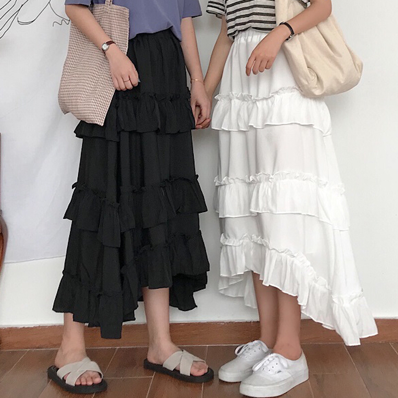 裙子2018夏装新款韩版百搭纯色裙高腰显瘦荷叶边裙半身裙女装白色清新均码