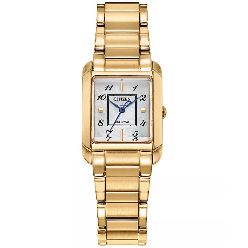 西铁城(CITIZEN)光动能女士矩形金 tones不锈钢表带石英腕表28mm白盘防水