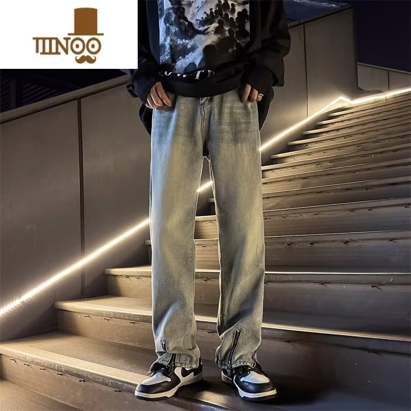 YANXU美式高街vibe牛仔裤男春季潮牌复古宽松直筒水洗做旧拉链牌旧古裤高清大图