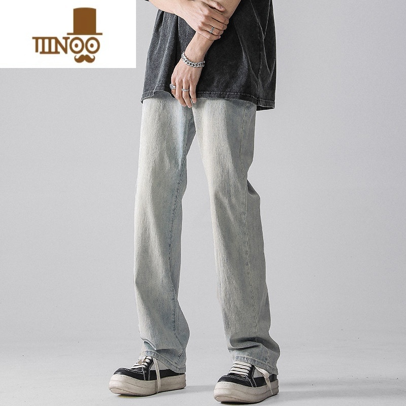 YANXU牛仔裤男秋季复古水洗做旧黄泥染微喇裤高街vibe休闲百搭直筒长喇高清大图