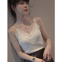 波迷娜(BOMINA)小吊带背心女2021年秋季夏新款外穿内搭黑色性感西装内搭领蕾丝拼接缎面羽毛吊带背心女夏打底外穿潮