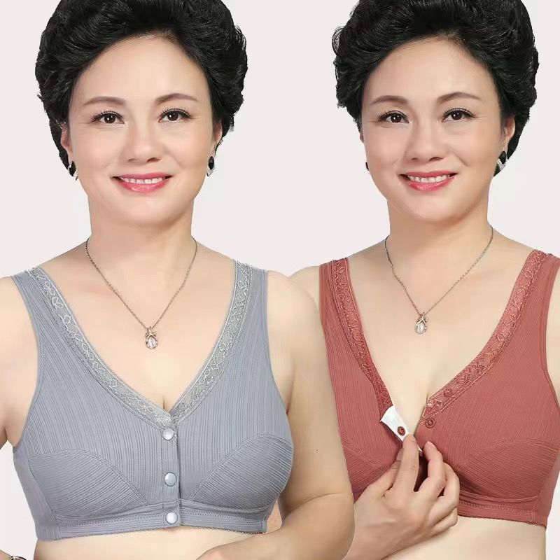 妈妈内衣女无钢圈薄款中老年前扣背心式大码文胸50岁棉透气胸罩