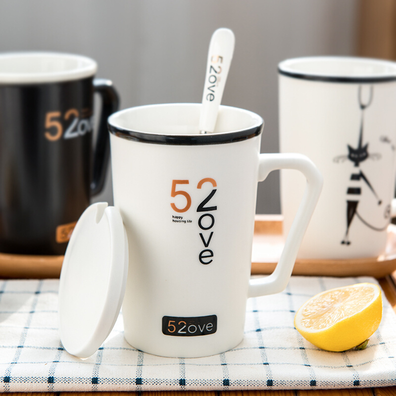瓷魂 陶瓷带盖带勺子杯子简约咖啡杯大容量创意个性情侣水杯马克杯 52ove 长白套杯
