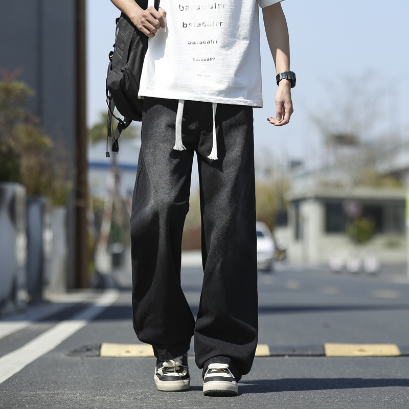 牛仔裤子男款春秋季美式高街男生阔腿宽松直筒裤休闲长裤子 3XL 黑色
