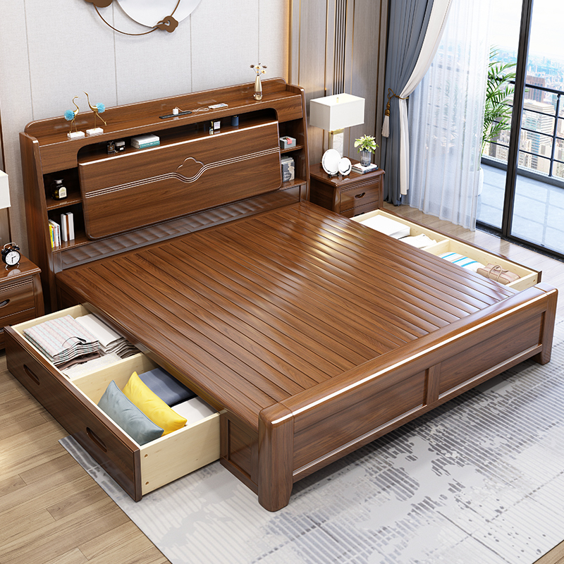 5m床现代简约卧室主卧大床轻奢气压储物高箱现代婚床实木家具床
