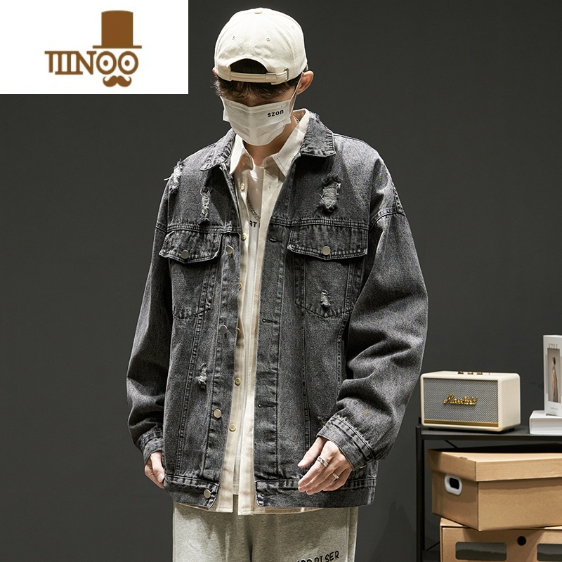 YANXU牛仔外套男款男生水洗破洞工装夹克上衣秋季美式高街潮牌男装高清大图