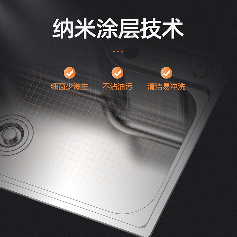 箭牌卫浴(ARROW 厨盆水槽 厨房洗菜盆 洗碗水池 304不锈钢纳米水槽单槽套装厨盆加厚拉丝不锈钢AE5569133G高清大图