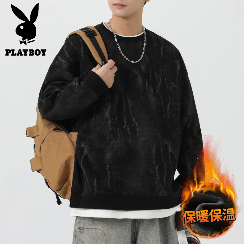 花花公子新款高品质加绒重磅圆领卫衣男2025秋冬新款假两件拼接扎染宽松休闲上衣_415高清大图