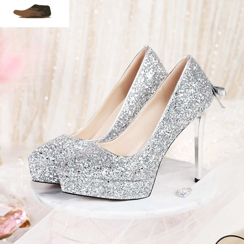 ideamini结婚鞋女浅色超高跟防水台12cm水晶鞋走秀蝴蝶结婚纱礼服新娘