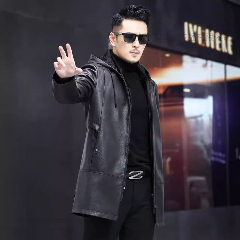 举翼王子水貂内胆男士皮衣真皮头层山羊皮连帽海宁皮草中长款脱卸内胆外套图片