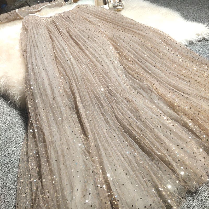 网纱半身裙女春夏2021新款重工刺绣星空亮片高腰显瘦梦幻仙女裙子【10天内发货】 香槟色 2层网纱+1层杏色内衬 S 9
