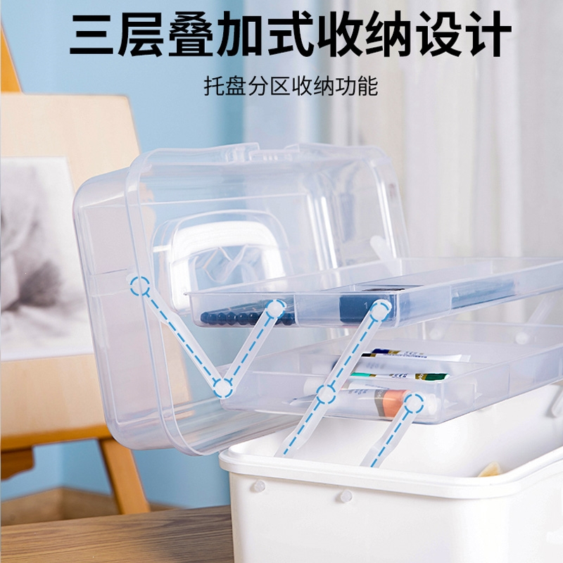 得力(deli)水粉画工具箱多功能美术工具箱透明小学生绘画画画用的工具箱 3层美术收纳箱大号_13寸全新PP料