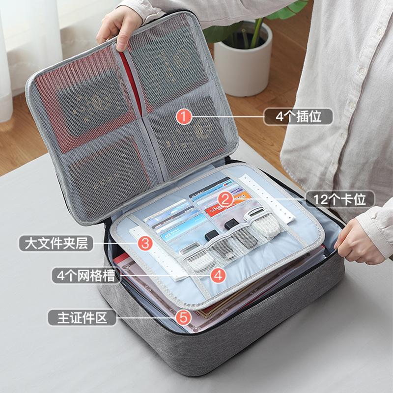 [超火]证件收纳包盒家用家庭多层大容量多功能箱文件护照整理袋 单层灰色-无锁-无卡位[证件包]