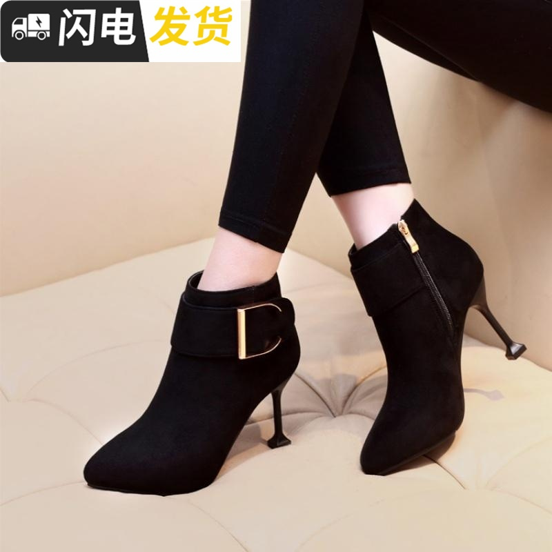 冬季高跟鞋女2022新款韩版百搭尖头短靴性感细跟马丁靴加绒猫跟鞋启如休闲鞋